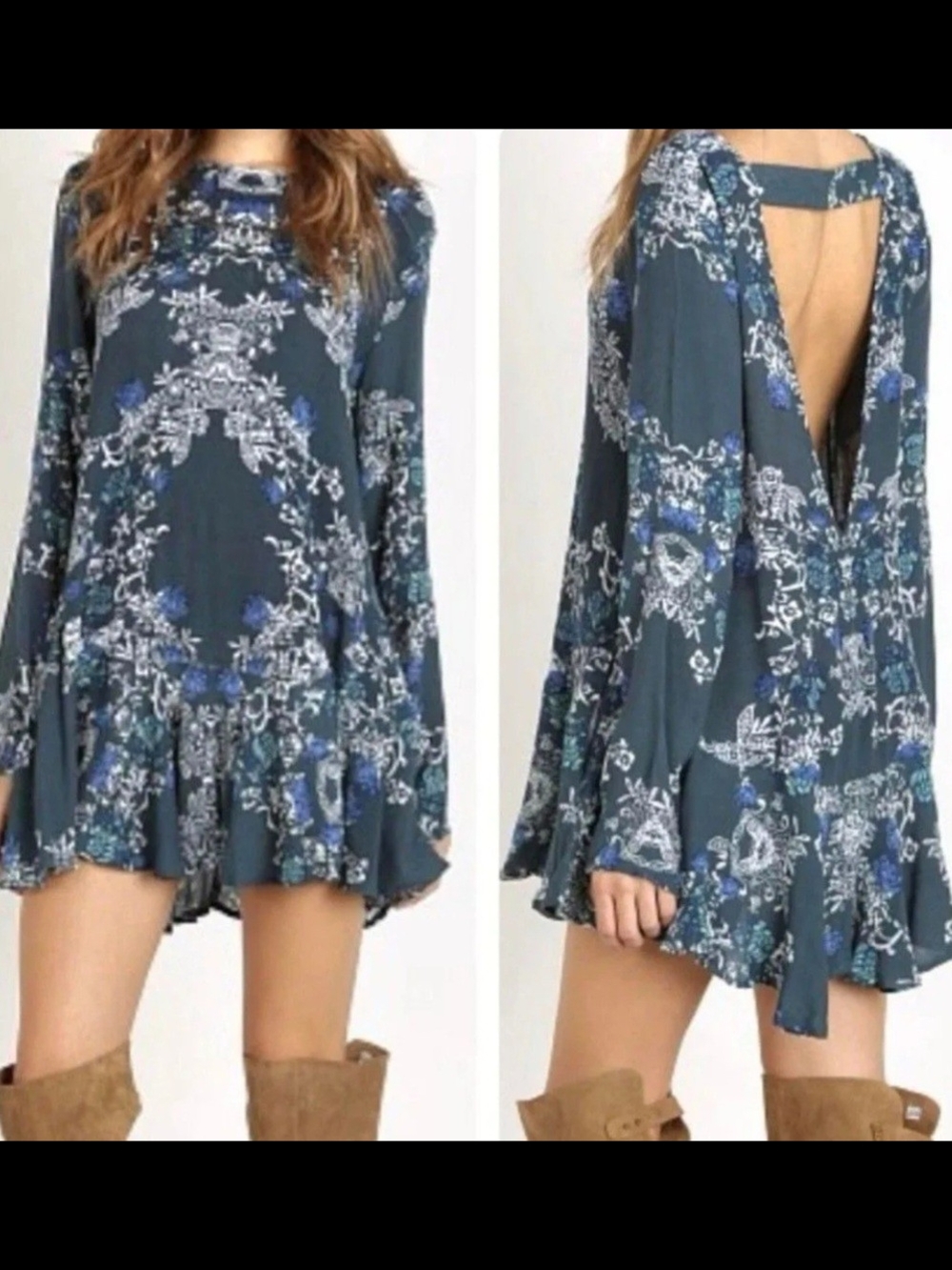 Free People Teal Blue Floral Open-Back Mini Dress,  Tag Size Missung Ptp 20